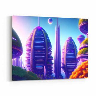 Obraz sci-fi fialové město z budoucnosti