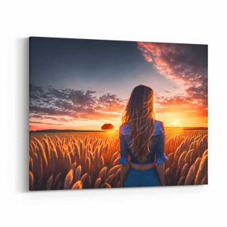 Obraz dívka v poli obilí při západu slunce