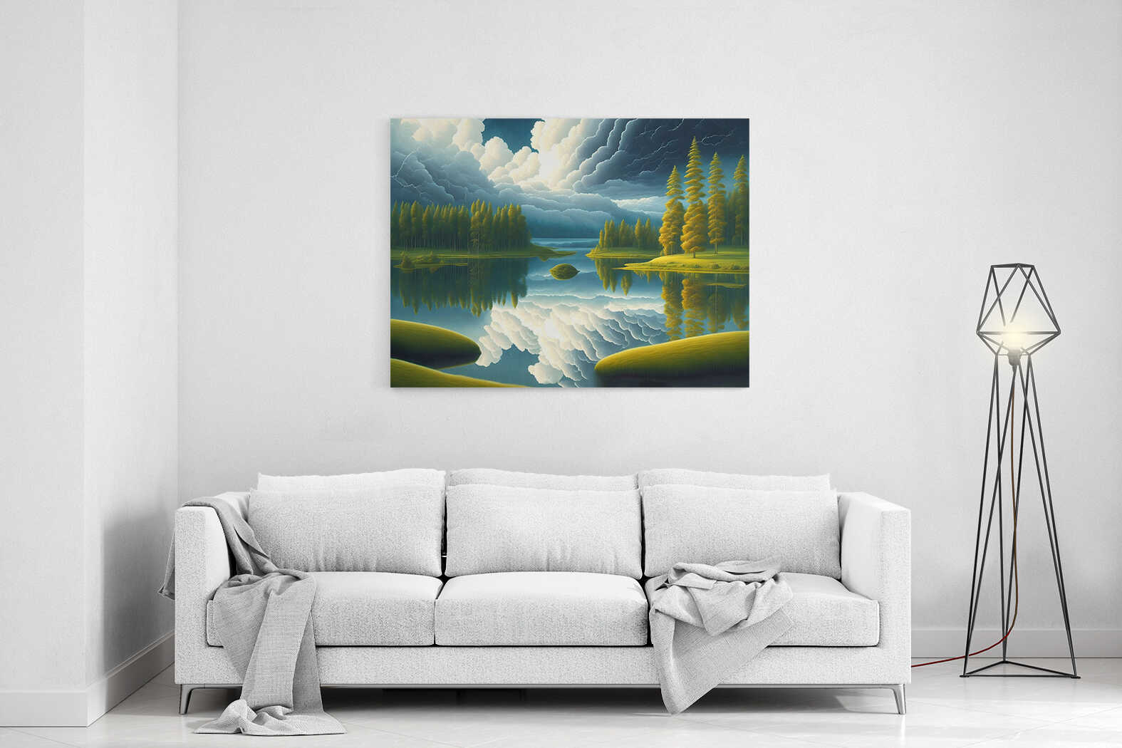 Obraz jezero a lesy při blížící se bouři