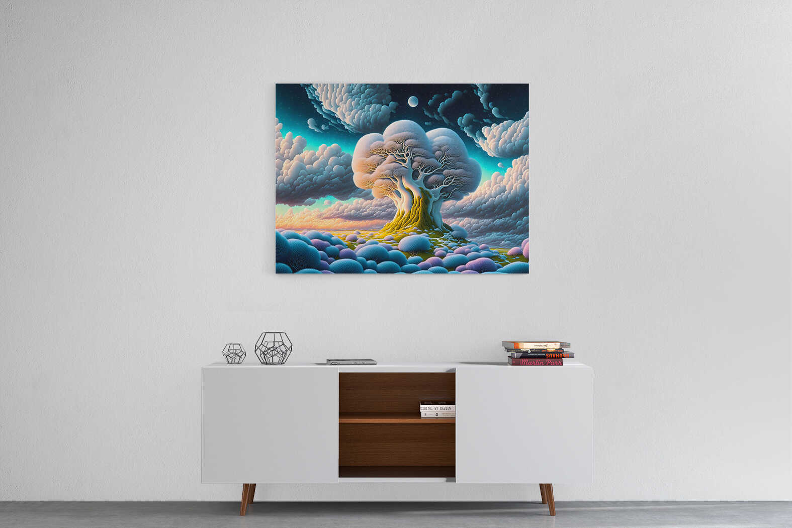 Obraz starý strom a bílá oblaka ve fantasy světě