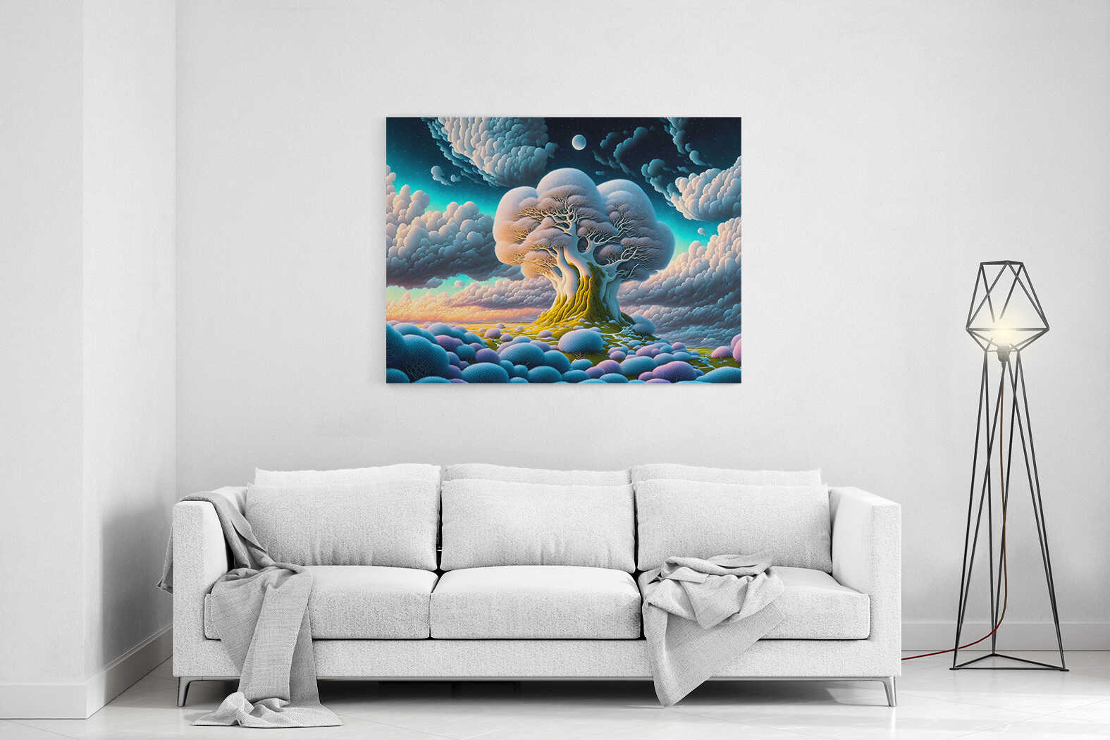 Obraz starý strom a bílá oblaka ve fantasy světě